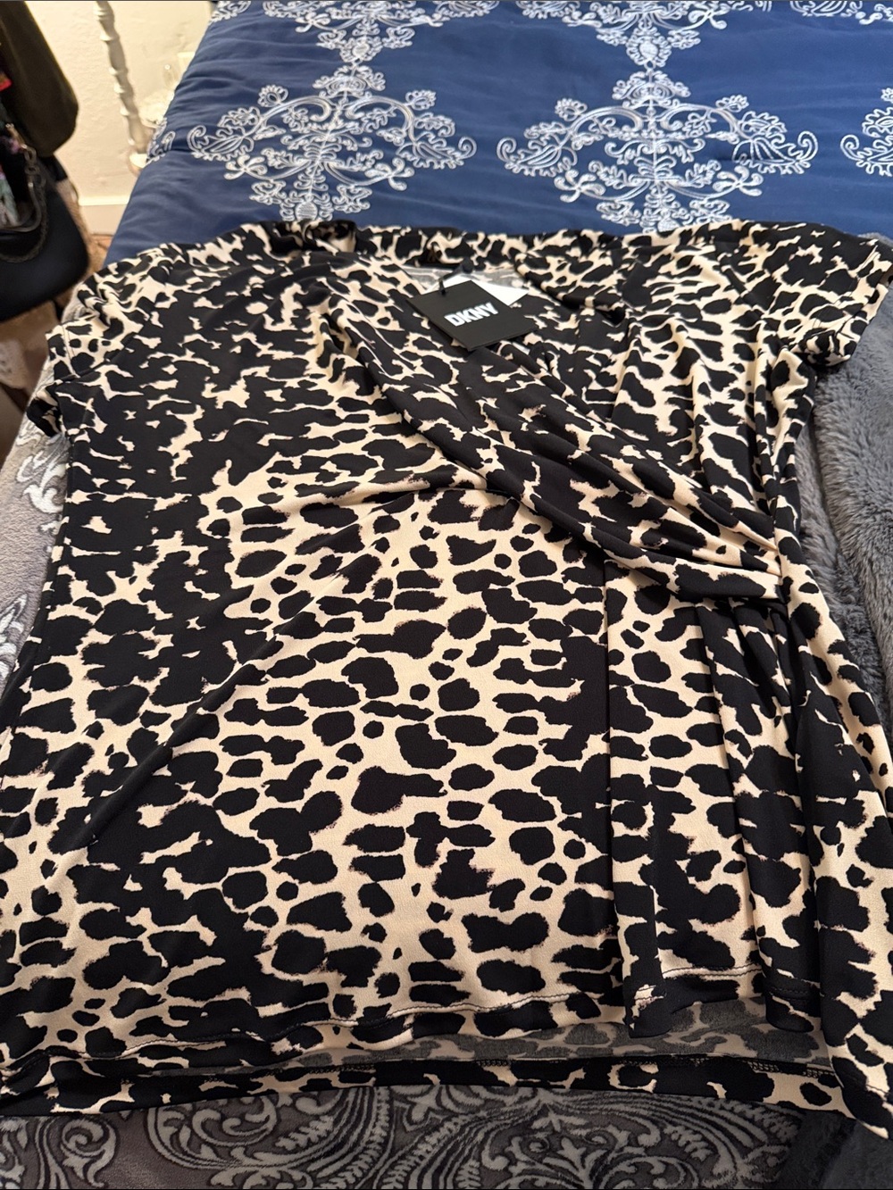 DKNY Black and Beige Animal Print Wrap Tunic Top